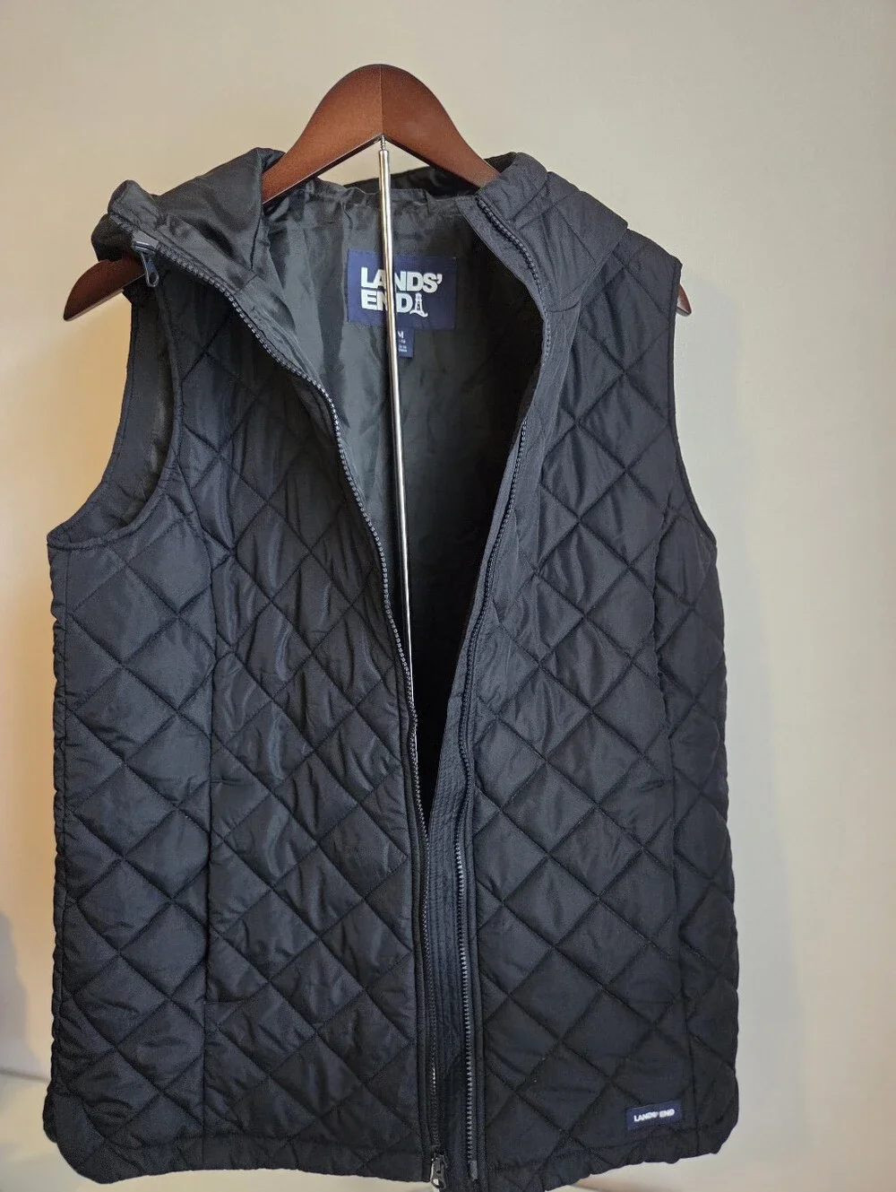 Lands' End Men's Black Quilted Hooded Vest - Zip Front